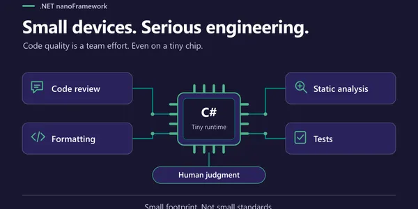 A tiny C# chip connected to code review, formatting, static analysis and tests, with human judgment supporting them all.